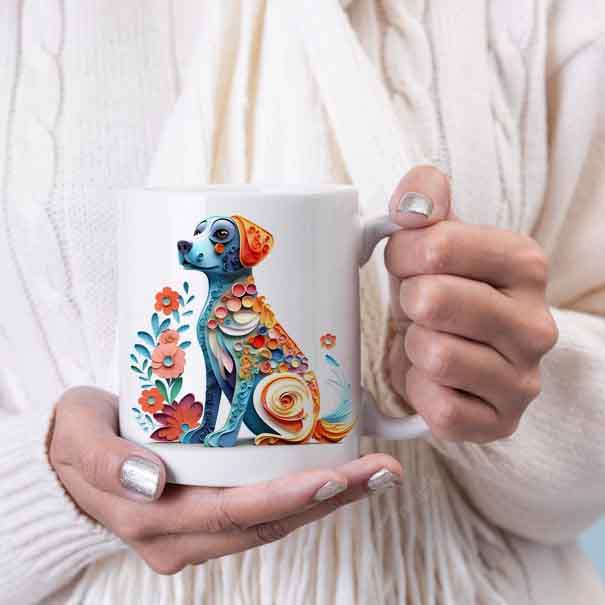 3D Dog and flowers coffee mug
