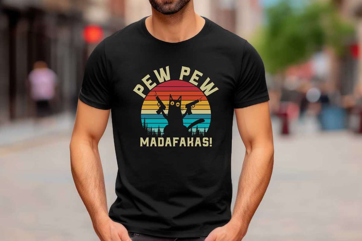 Pew Pew Madafakas Cat T-Shirt  Funny Retro Sunset Cat Silhouette Tee