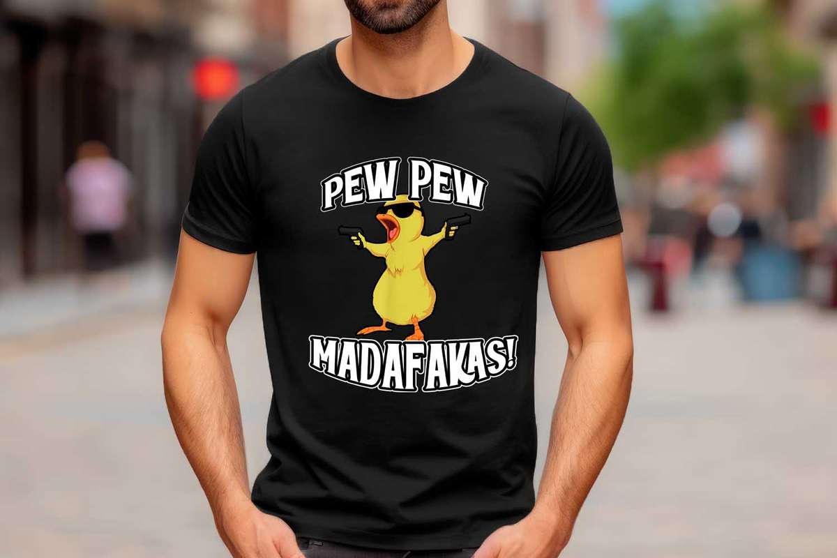 Pew Pew Madafakas Duck T-Shirt  Funny Gun-Wielding Duck Tee