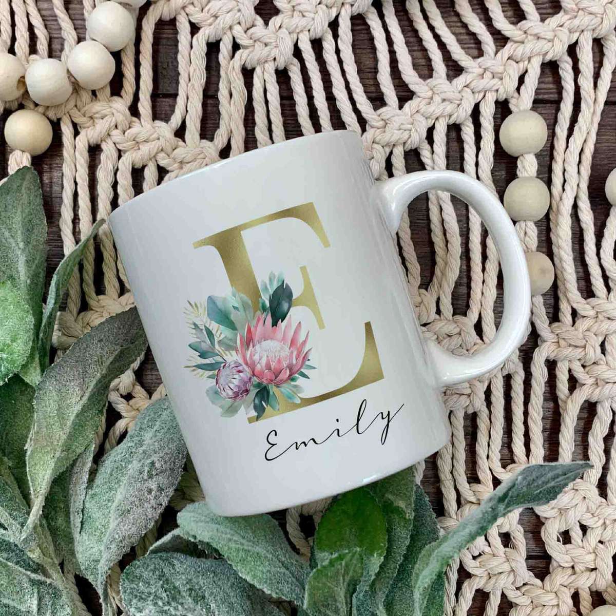 Initial and protea mug