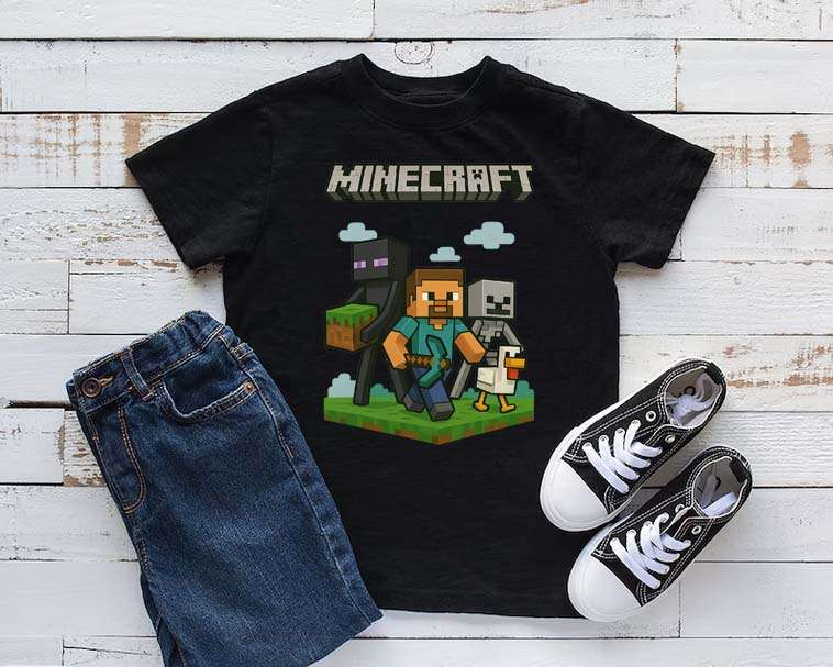 Minecraft T-Shirt  Steve with Enderman, Skeleton & Chicken