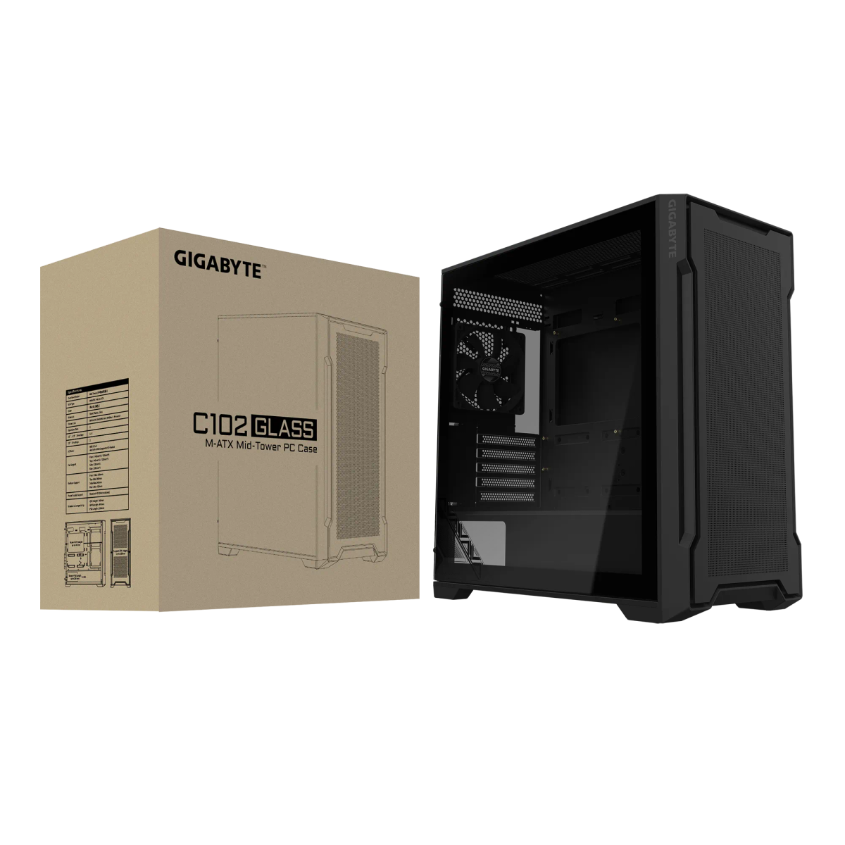 GIGABYTE C102 Mid Tower Case - Black with Tempered Glass Side Panel, mATX