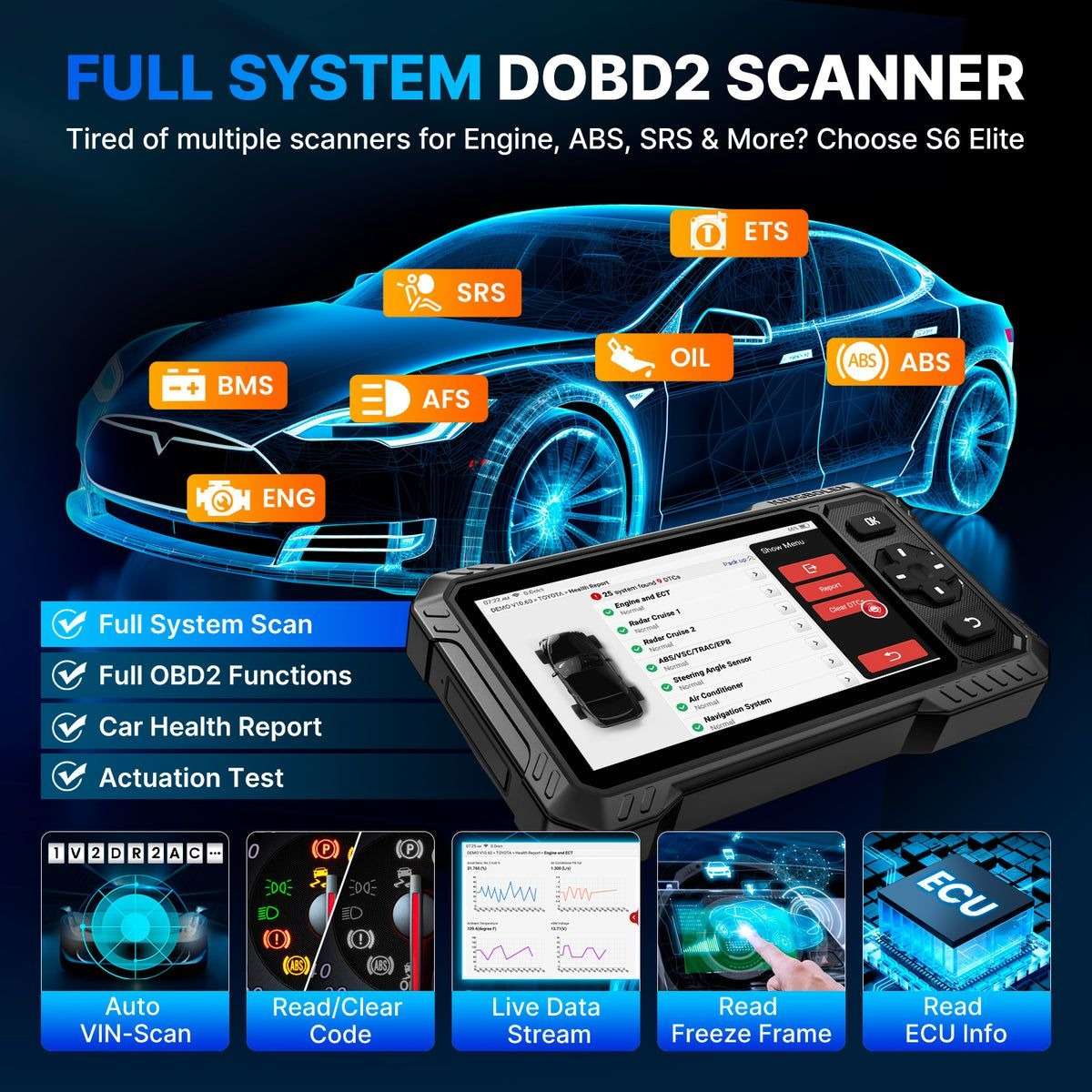 KINGBOLEN S6 Elite Full System Scanner, 15 Resets, Bi-Directional, CAN FD