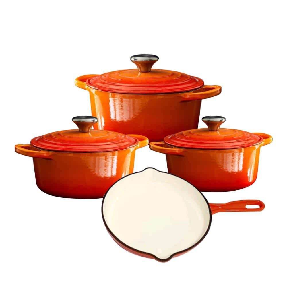 Authentic Cast Iron Dutch Oven Cookware Pot 7 Pcs Set - Orange - 7 Piece