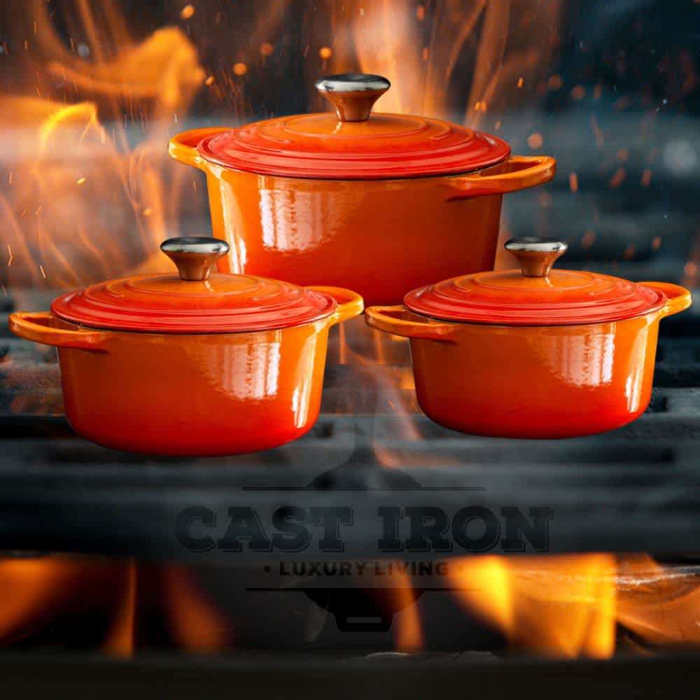 Authentic Cast Iron Dutch Oven Cookware Pot 7 Pcs Set - Orange - 7 Piece