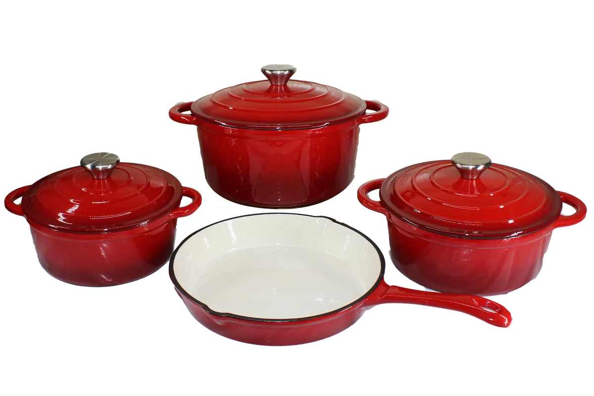 Authentic 7 Pieces Cast Iron Cookware Pot Set - Red