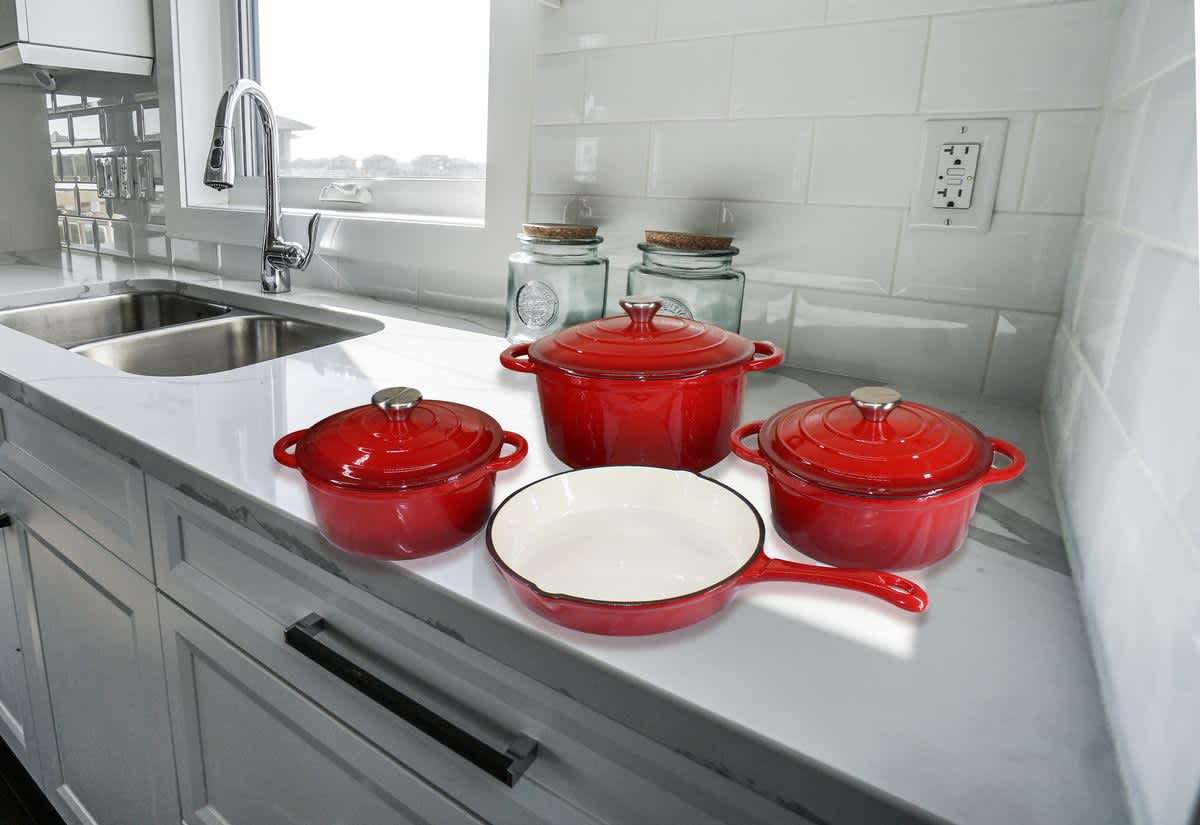 Authentic 7 Pieces Cast Iron Cookware Pot Set - Red