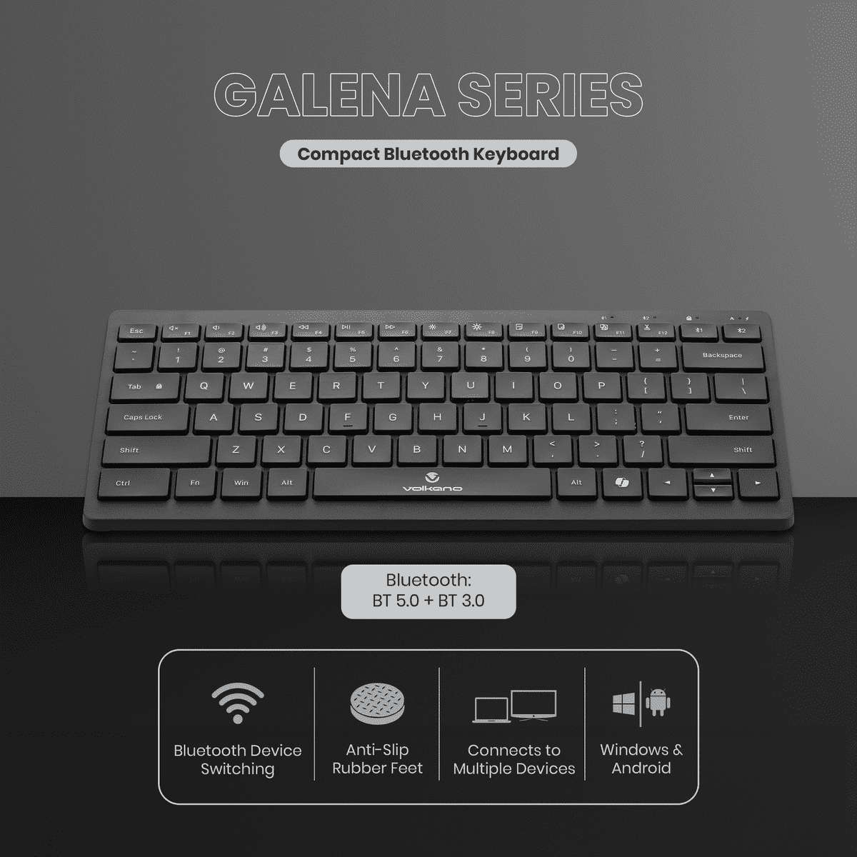 Volkano Galena Series Bluetooth Dual-Device Compact Wireless Keyboard  Black