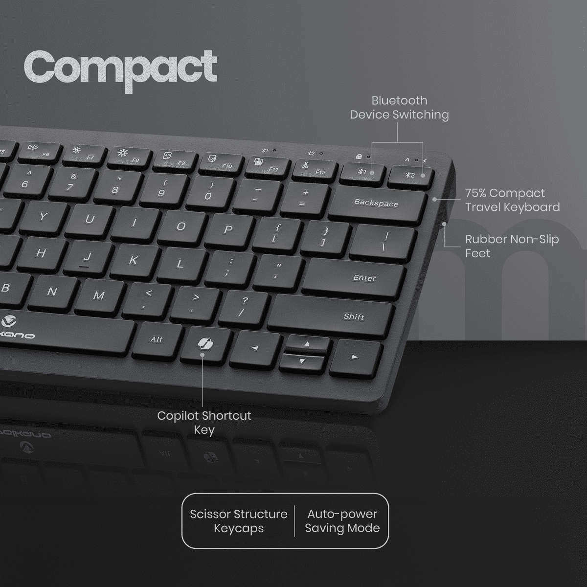Volkano Galena Series Bluetooth Dual-Device Compact Wireless Keyboard  Black