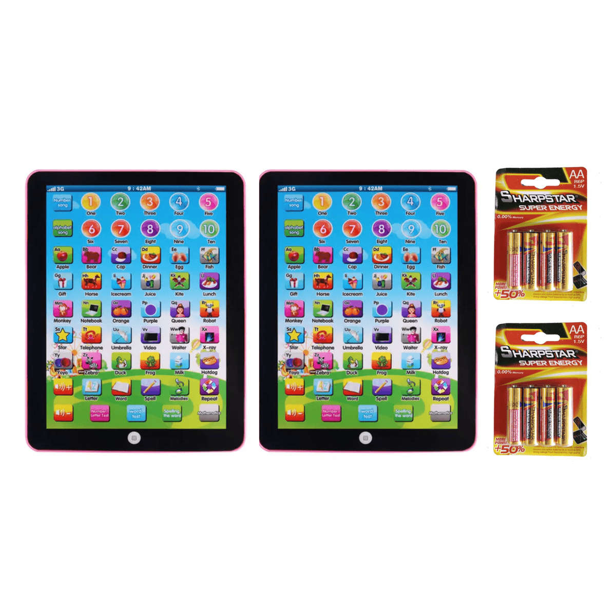 Interactive Educational Tablet for Kids with Batteries - 2 Pack - Pink