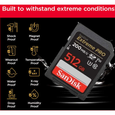 SanDisk 512GB Extreme PRO UHS-I SDXC Memory Card 200MB/s + USB-C Card Reader