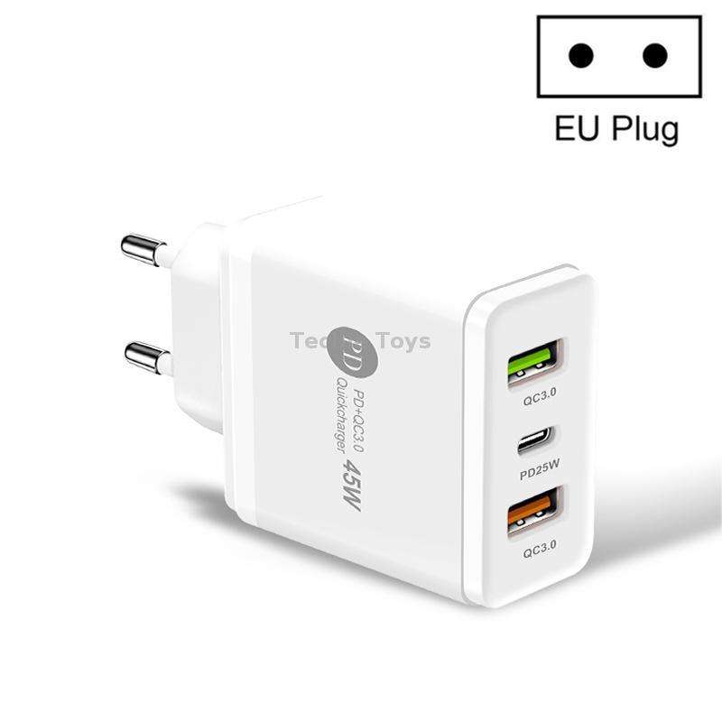 45W PD3.0 + 2 x QC3.0 USB Multi Port Quick Charger, EU Plug(White)