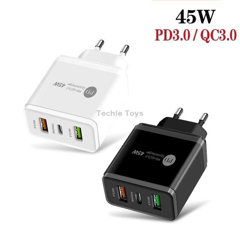 45W PD3.0 + 2 x QC3.0 USB Multi Port Quick Charger, EU Plug(White)