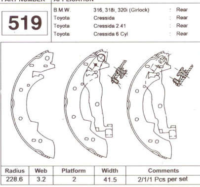 Alfa brake shoe set - rear (228.6X42)