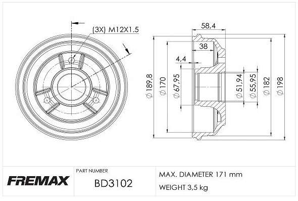 Renault brake drum - rear 170mm ID