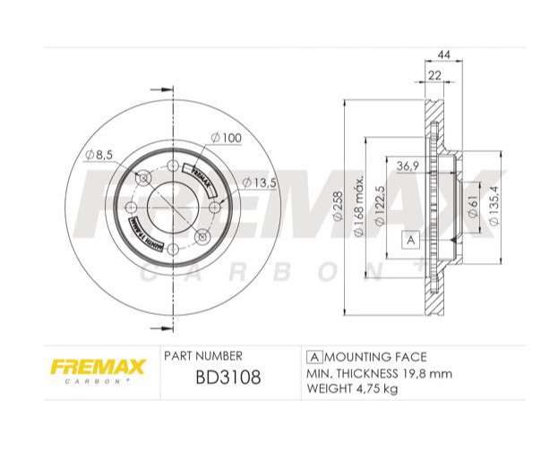 Renault brake disc front - vented - 258x22/44