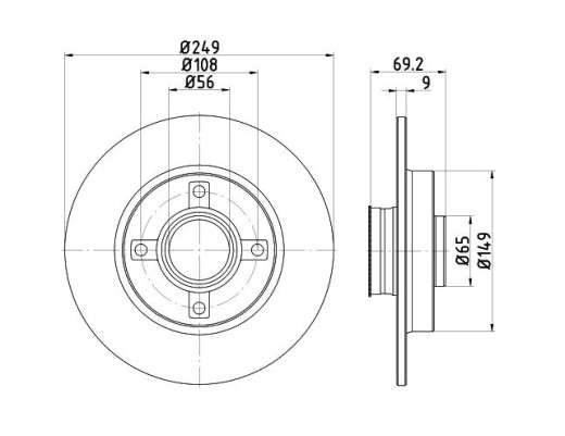 Peugeot brake disc rear - with hub 248.4x9/69.2 WITH BEARING