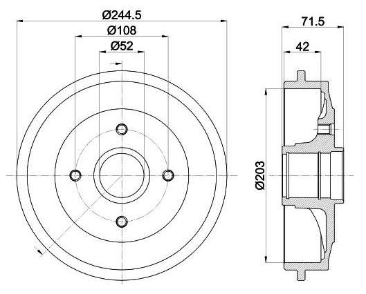 Peugeot brake drum - rear 203.1mm ID WITH HUB