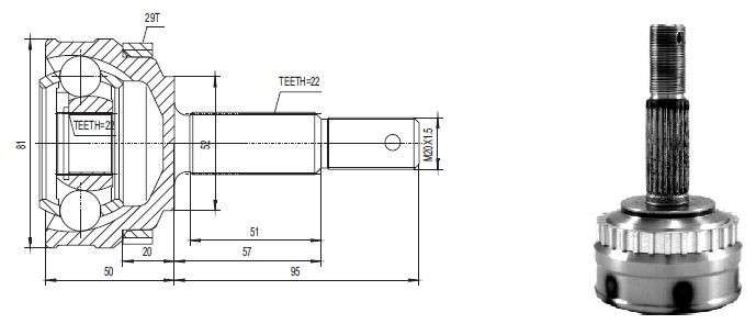 Opel cv joint - outer 22-22-52 29 TEETH