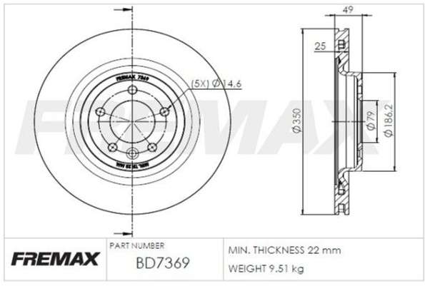 Land Rover brake disc rear - vented, 350x25/49.5