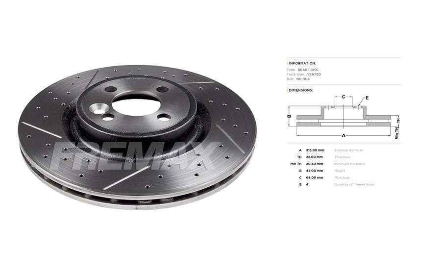 Mini brake disc F - vented+drilled 316x22/45.3