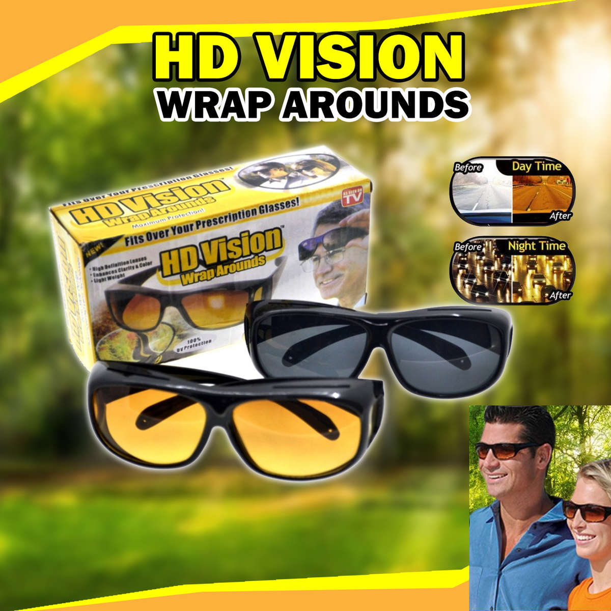 Hd Vision Wrap Around Glasses - Set of 2 Brown & Black Glasses Night Vision Antiglare