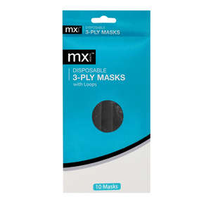 FACE MASK MX 3PLY DISPOSABLE BLACK 10's