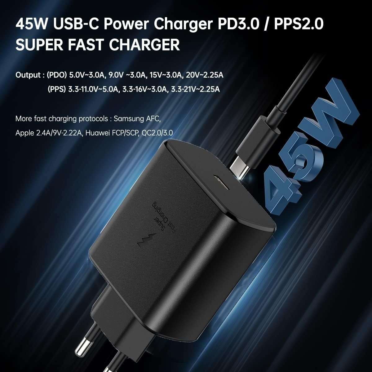 45W PD Fast Charger for Android with USB-C to USB-C  Black