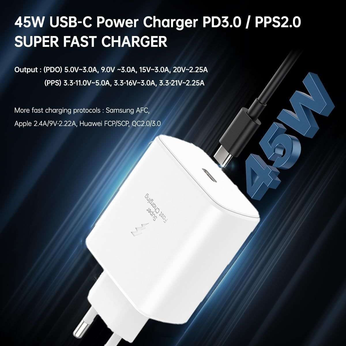 45W PD Fast Charger for Android with USB-C to USB-C  White