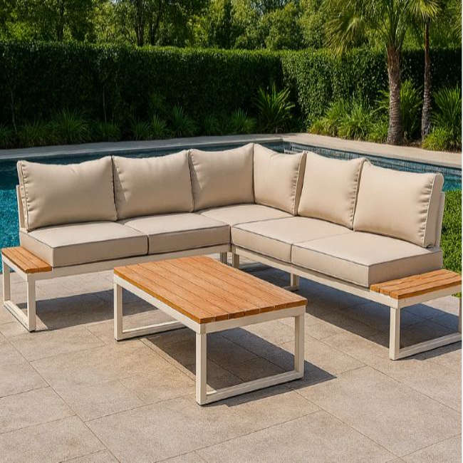 QandAHome Luxury Obsidian L-shaped Beige Outdoor Patio Set with Wooden Table