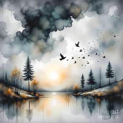 Silhouetted Birds Flying Over Reflective Lake [d]