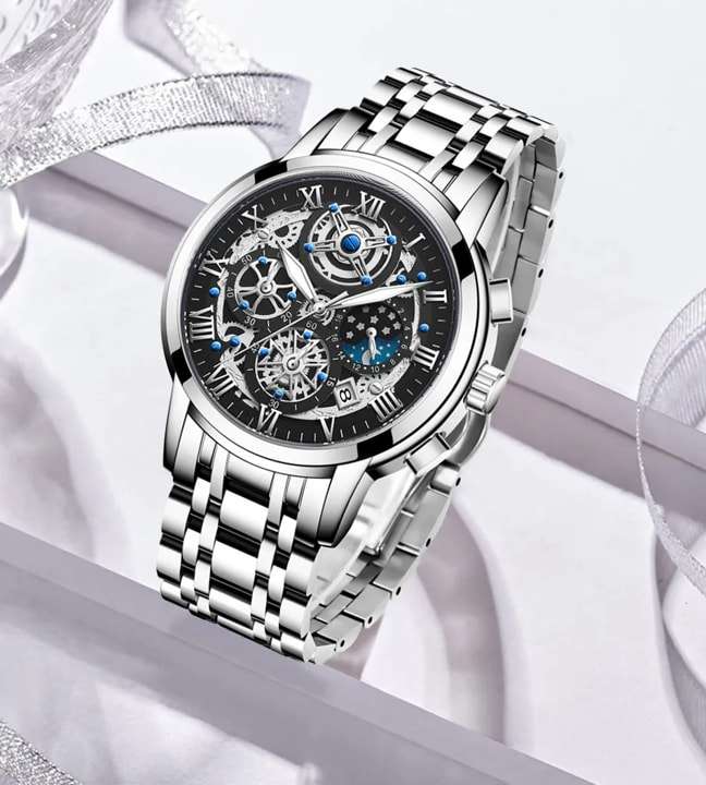 LIGE - Men Luxury Skeleton Chronograph Stainless Steel Watch - Silver - Lige