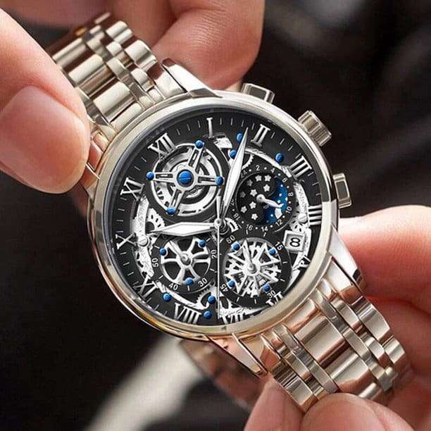 LIGE - Men Luxury Skeleton Chronograph Stainless Steel Watch - Silver - Lige