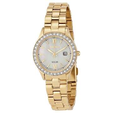 Seiko Solar Mother Of Pearl Dial Gold-Tone Stainless Steel Ladies Watch