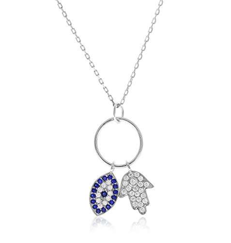 Sterling Silver Cubic Zirconia Evil Eye And Hamsa Necklace with Adjustable Length 16"-18".