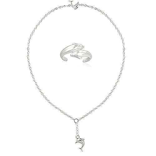 Hoops & Loops Sterling Silver Dolphins Anklet and Toe Ring Set