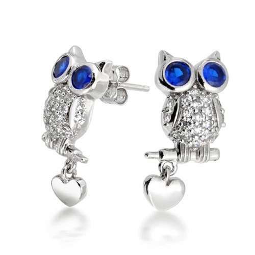 Bling Jewelry Simulated Sapphire CZ Owl Heart Stud Earrings 925 Silver