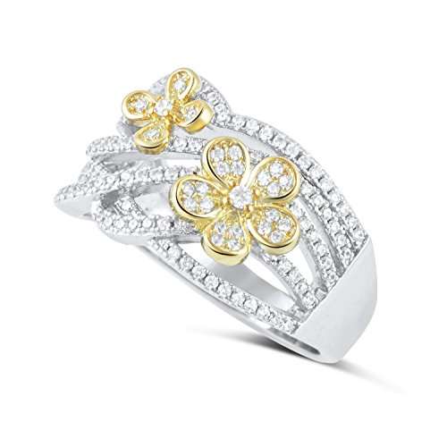 Sterling Silver Simulated Diamond Two Tone Flower Ring (Size 5 - 9)