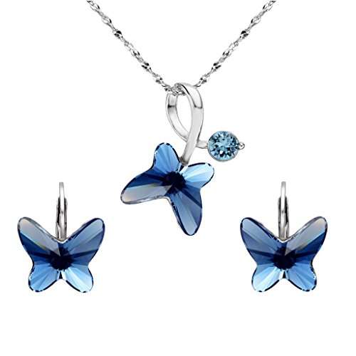 EleQueen 925 Sterling Silver Butterfly Bridal Necklace Leverback Earrings Set Denim Blue Adorned wit