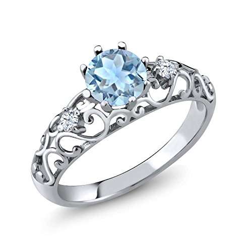 0.83 Ct Round Natural Sky Blue Aquamarine 925 Sterling Silver Women's Ring (Available in size 5, 6,