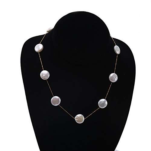 14K Gold 12~13mm Freshwater Coin Pearl Station Necklace-AAA Quality