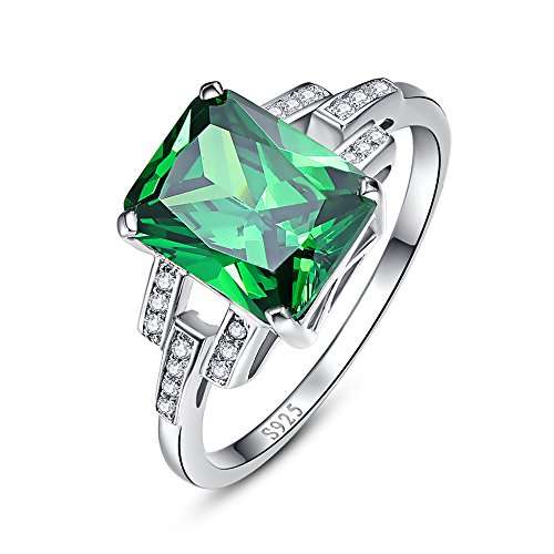 Bonlavie Women's 10.75ct Emerald Cut Created Green Emerald 925 Sterling Silver Wedding Engagement Ri