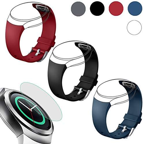 3 Pcs Soft Silicone Watch Band Strap+Tempered Glass Screen Protector for Samsung Gear S2 (SM-R720 Ve