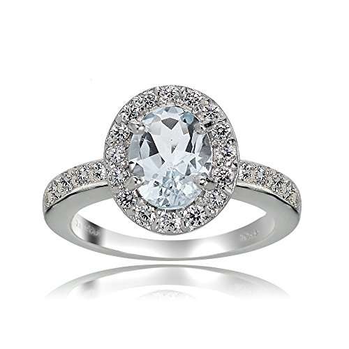 Sterling Silver Aquamarine and White Topaz Oval Halo Ring