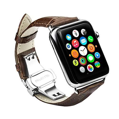Apple Watch Band 42mm, iWatch Strap Genuine Leather band, Stainless Steel Butterfly Pushbutton Deplo