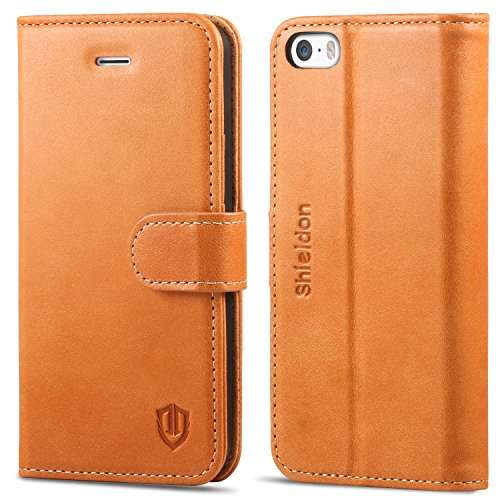 iPhone SE Case, iPhone 5S Case, SHIELDON Genuine Leather Wallet Case, Slim Folio Flip Case Cover wit