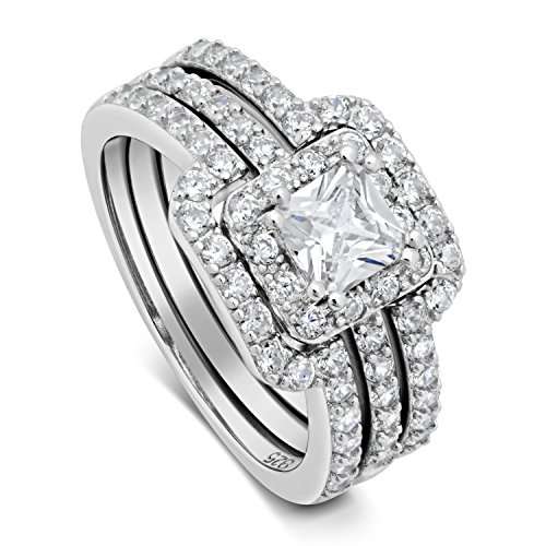 Princess Cut Center Stone CZ Sterling Silver Triple Band Engagement Ring & Wedding Band