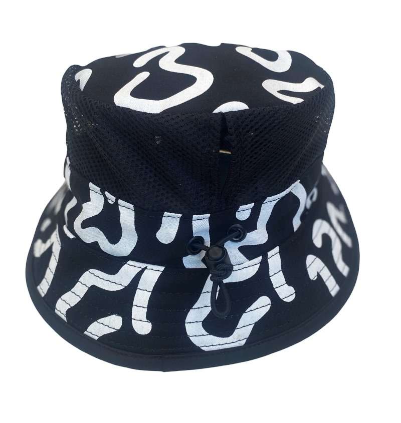 Bucket Hat B/W Popcorn with mesh and elastic to tighten.