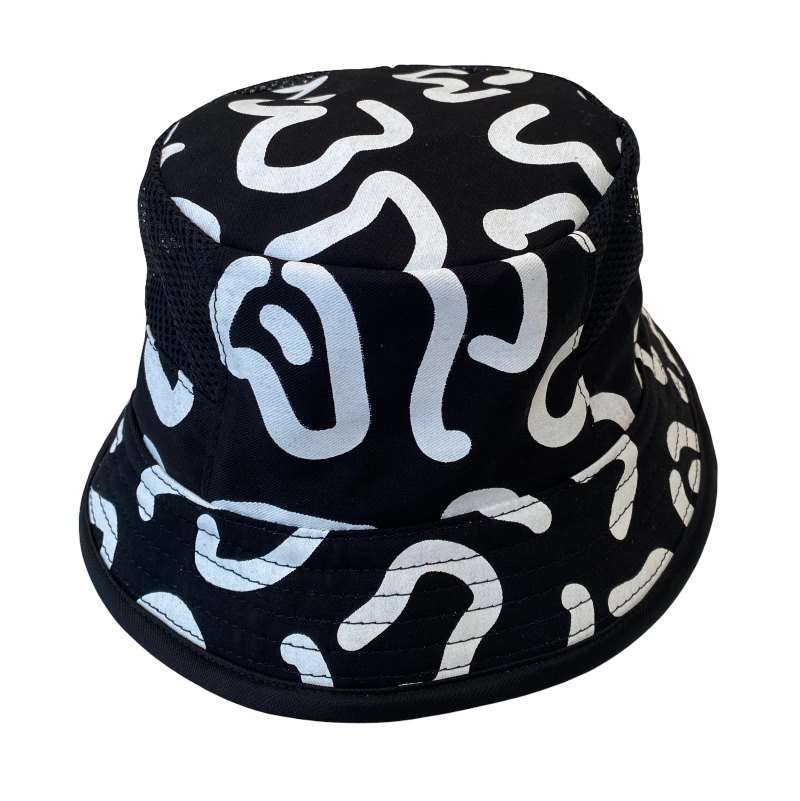 Bucket Hat B/W Popcorn with mesh and elastic to tighten.