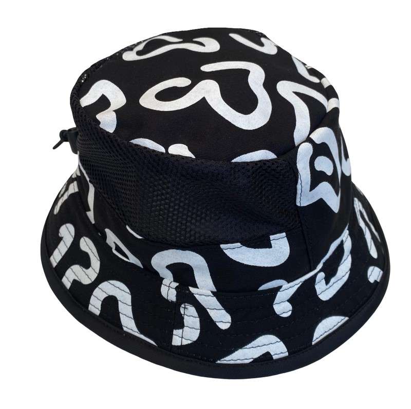 Bucket Hat B/W Popcorn with mesh and elastic to tighten.